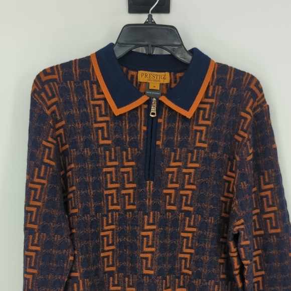 Men's Prestige Geometric Polo Knit Sweater Blue Orange M retro vintage preppy 90 - Picture 3 of 7